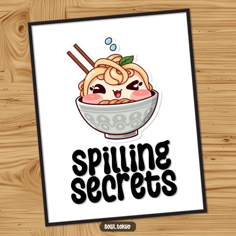 Funny digital art print of a cute Kawaii ramen bowl character winking and splashing, available for instant download.
