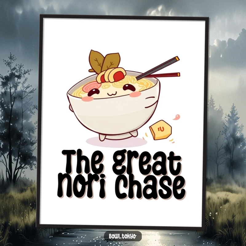 Funny Kawaii ramen bowl digital art print, character chasing nori, playful noodle art, high-resolution, printable.