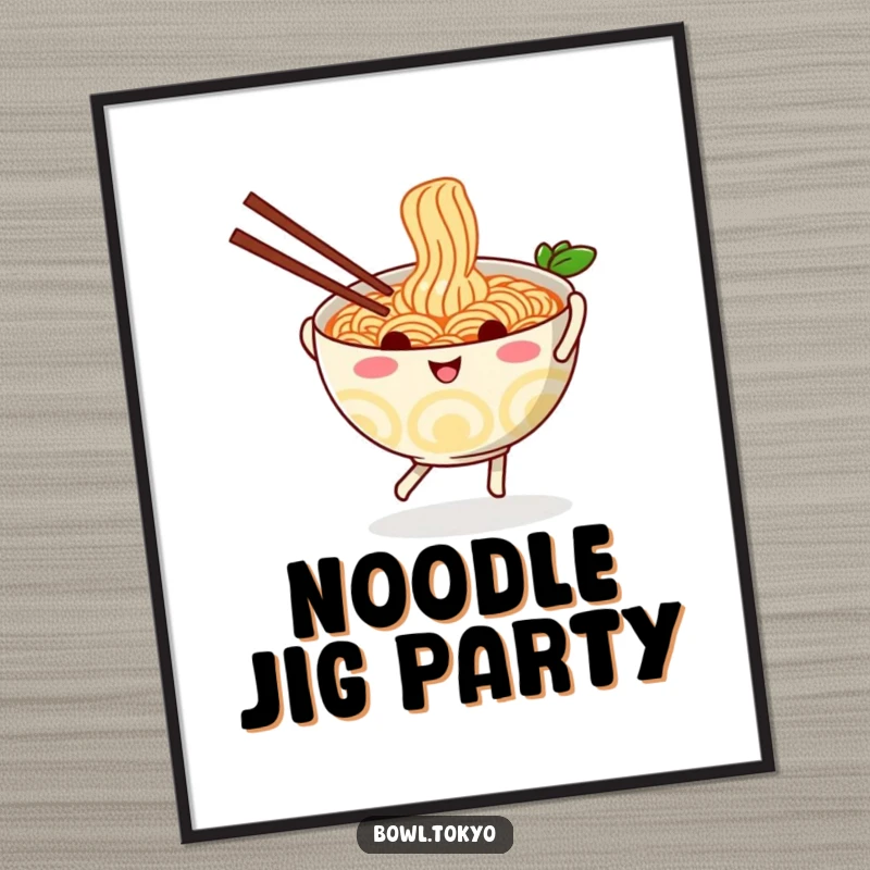 Funny playful ramen bowl digital art print, showing a character dancing with chopsticks, instant download for vibrant decor.