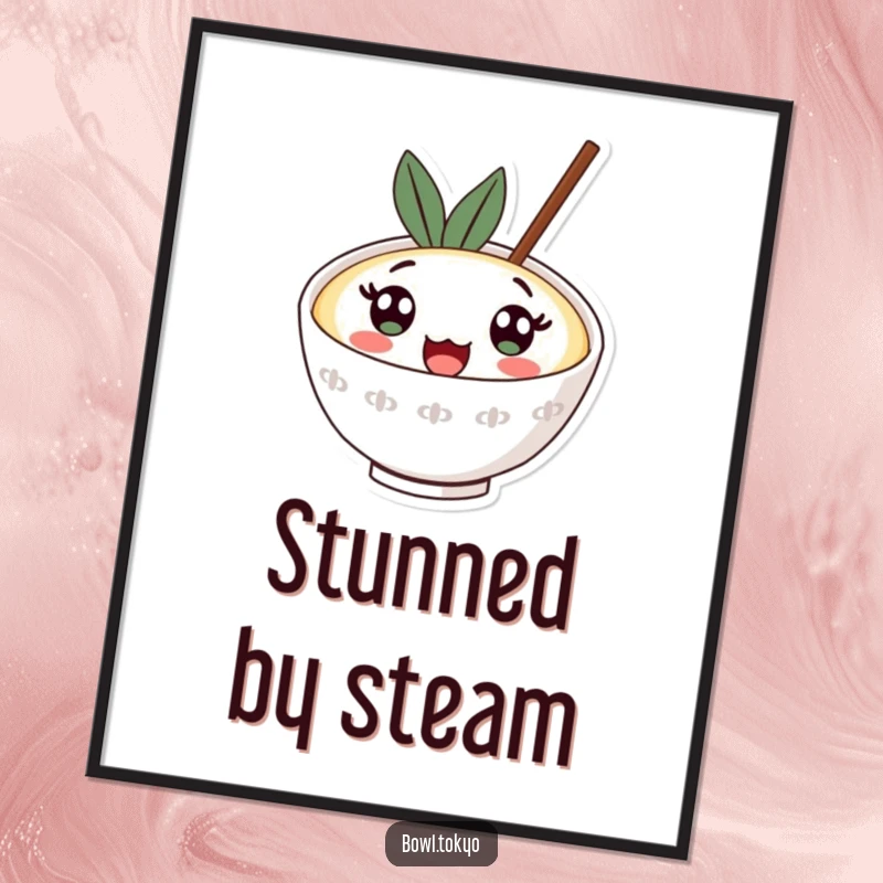 Funny kawaii ramen bowl digital art print of a character with huge surprised eyes looking upwards, conveying shock.