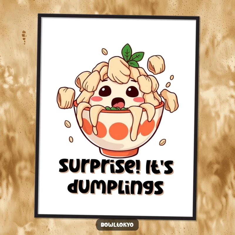 Funny digital art featuring a surprised ramen bowl character covered in falling dumplings, a humorous and delightful downloadable image.