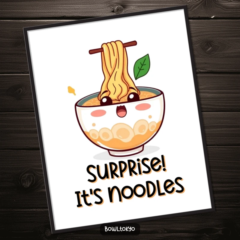 Funny Ramen Bowl Digital Art Print capturing a surprised character with noodles splashing, a dynamic and humorous piece of wall art.