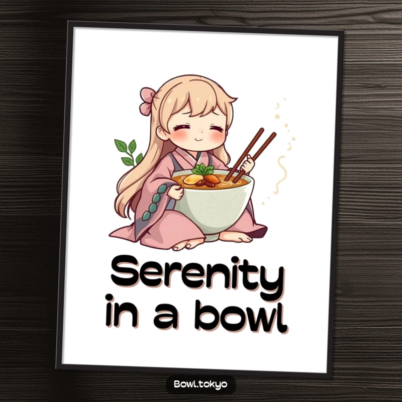 Funny ramen bowl in a flowing kimono, meditating peacefully, a high-resolution digital art print for serene home decor.