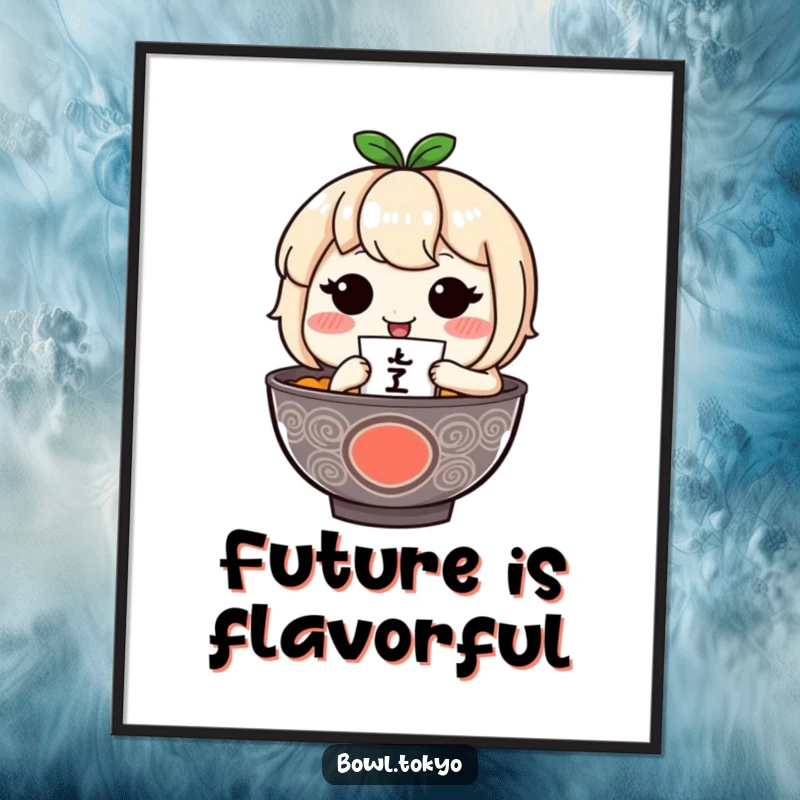 Funny ramen bowl character with blushing cheeks gently holds a tiny fortuneteller, available as a digital art print.
