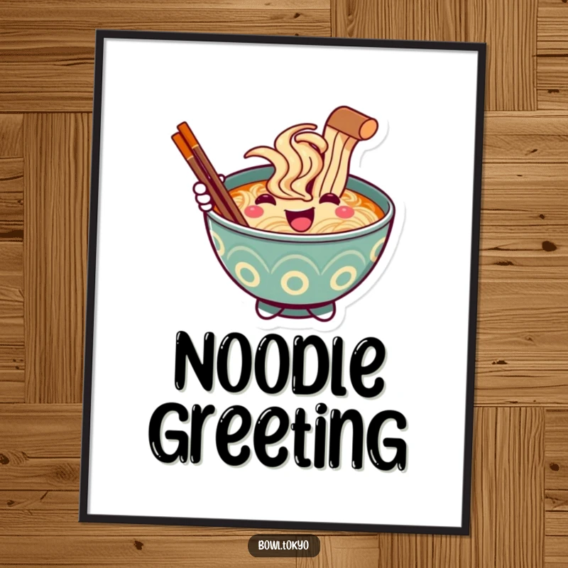 Funny Ramen Bowl Digital Art Print, a character offering a chopstick greeting, perfect for instant decor.