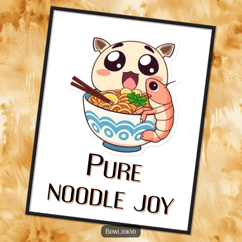 Funny ramen character with huge, excited eyes devours a giant shrimp, available as a digital art print.