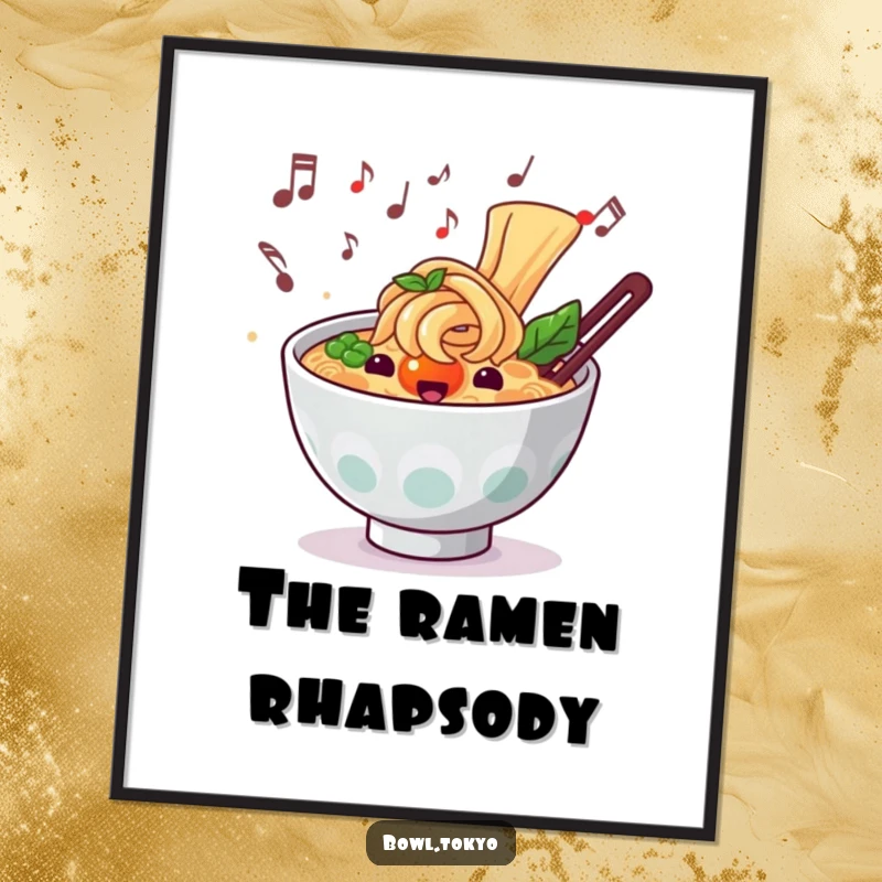 Funny musical ramen digital art print of a noodle bowl character with musical notes, instant download.