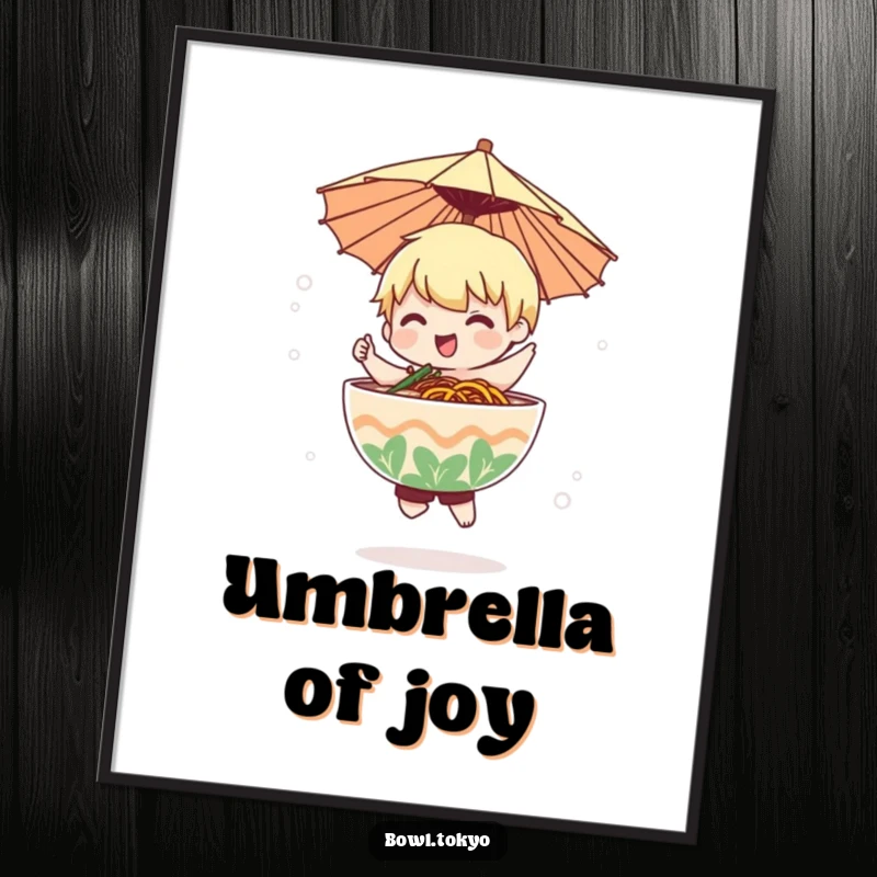 Funny ramen bowl character wearing a small paper umbrella dances in a gentle mist, available as a digital art print.