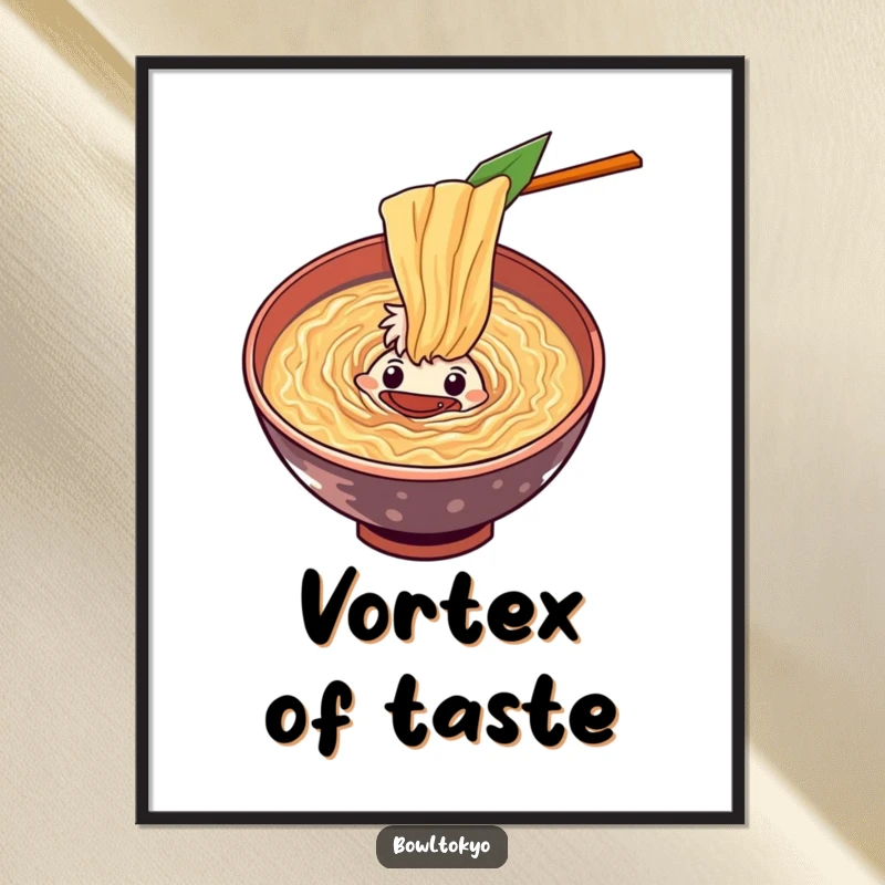 Funny curious ramen bowl digital art print of a character peering into a swirling vortex of flavorful soup, instant intrigue.