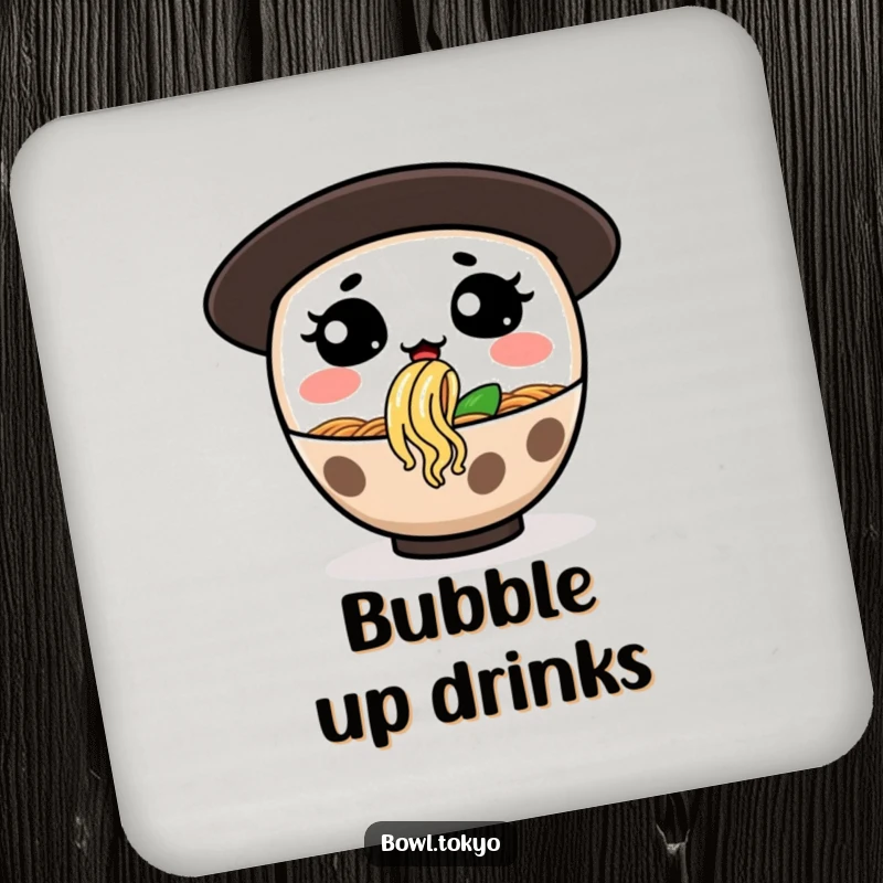 Funny drink coaster with a ramen bowl character making a silly face, blowing a noodle bubble, adding humor to surfaces.