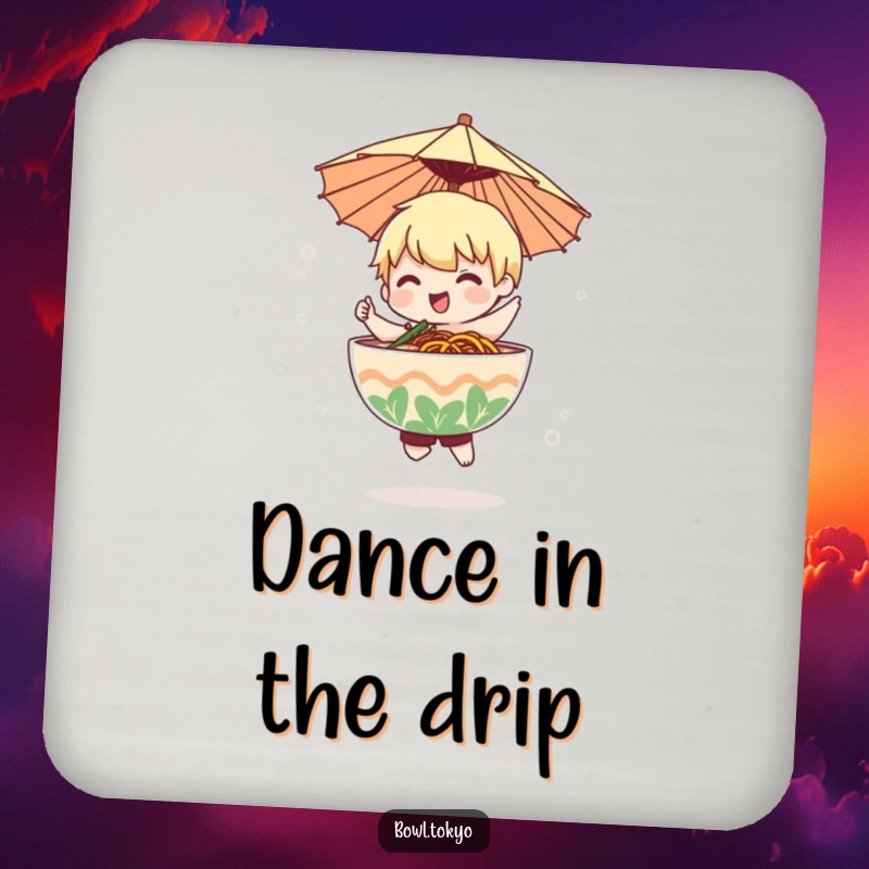Funny ramen bowl character with a paper umbrella dances in a misty atmosphere on this protective drink coaster.