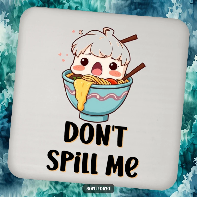 Funny Ramen Bowl Coaster, a surprised character with noodles splashing out, protects surfaces humorously.