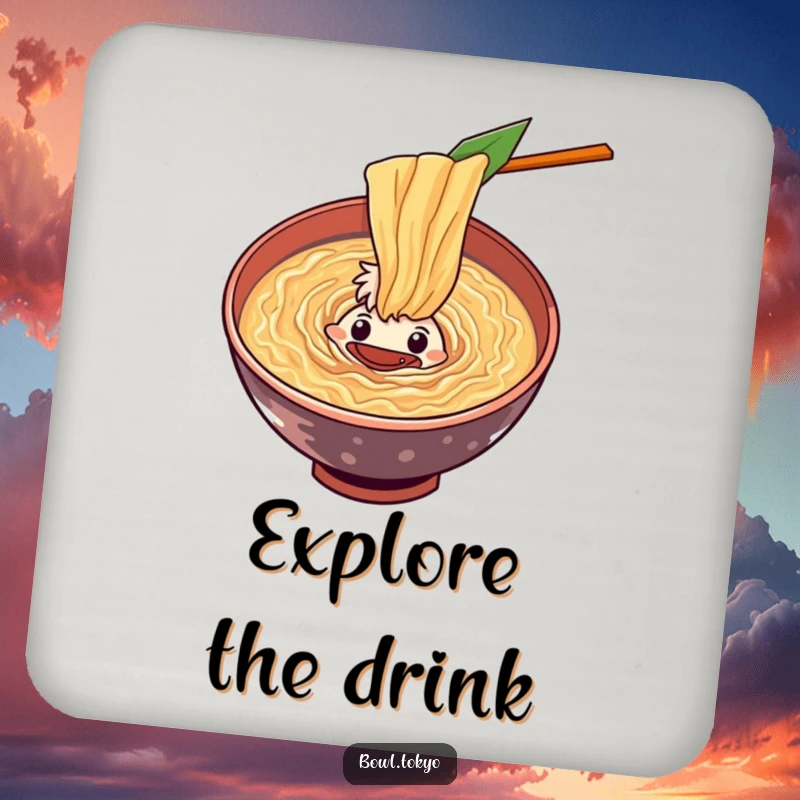 Funny curious ramen bowl coasters characters peering into a swirling vortex of flavorful soup, protecting surfaces with humor.