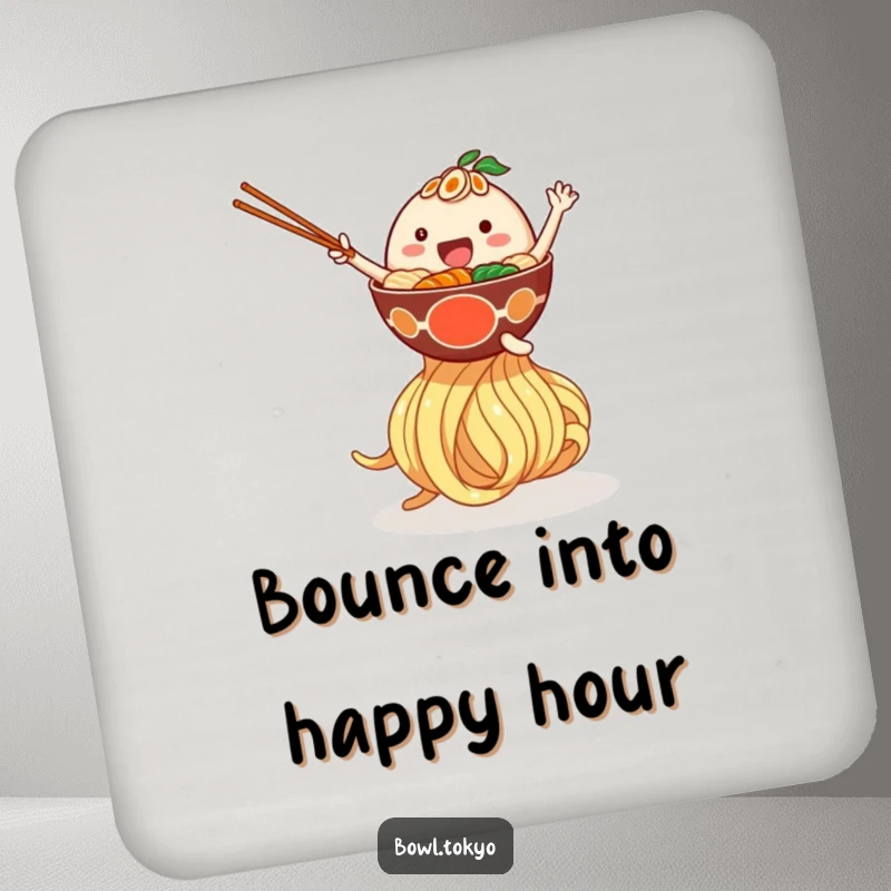 Funny drink coaster with a happy ramen bowl character bouncing on a giant noodle, protecting surfaces with a humorous design.
