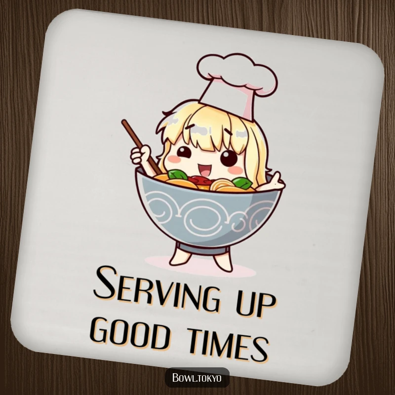 Funny drink coaster with a ramen bowl character in a chef hat posing dramatically, protecting surfaces with a humorous design.