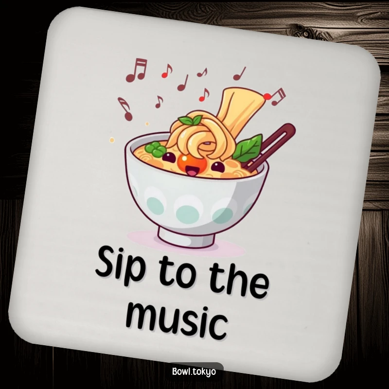 Funny musical ramen drink coaster showing a noodle bowl character with musical notes, for surface protection.