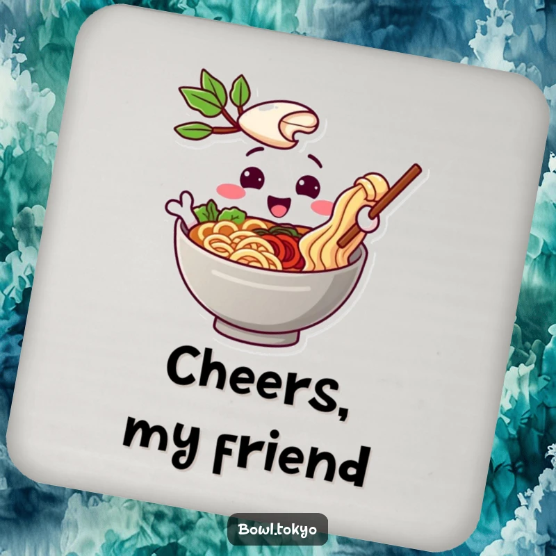 Funny drink coaster with a playful ramen bowl character offering a noodle, symbolizing friendship and hospitality.