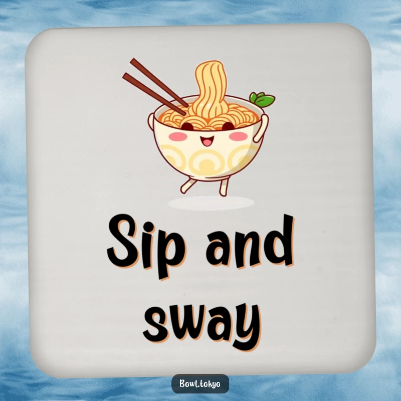 Funny playful ramen bowl coaster, featuring a dancing noodle character with chopsticks, protecting surfaces with charm.