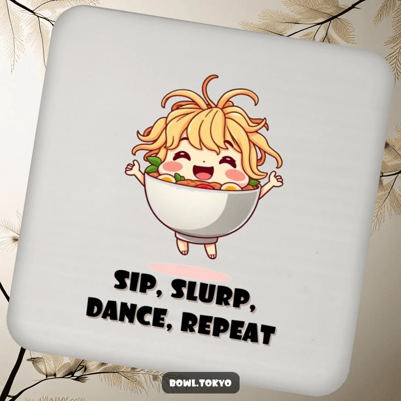 Funny Coaster: A charming ramen bowl with noodle hair doing a happy dance, protecting tables with a smile.