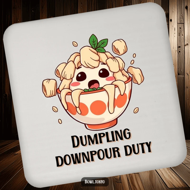 Funny drink coaster with a surprised ramen bowl character covered in falling dumplings, protecting surfaces with a humorous design.