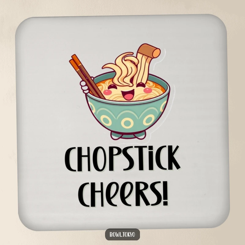 Funny Ramen Bowl Coaster, a character offering a chopstick greeting, protects surfaces with a smile.