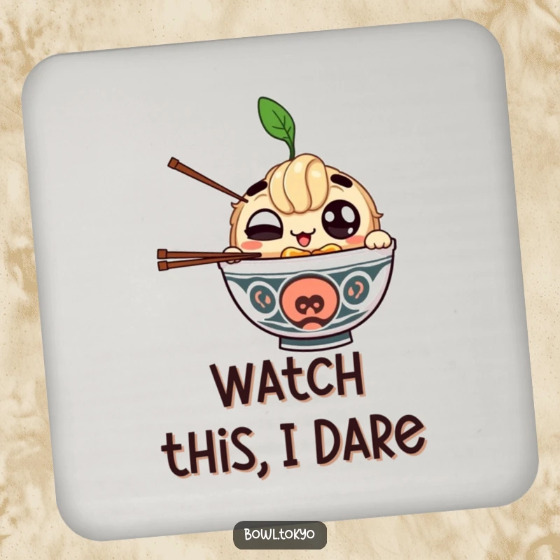 Funny drink coaster with a winking ramen bowl character juggling chopsticks, protecting surfaces with a humorous design.