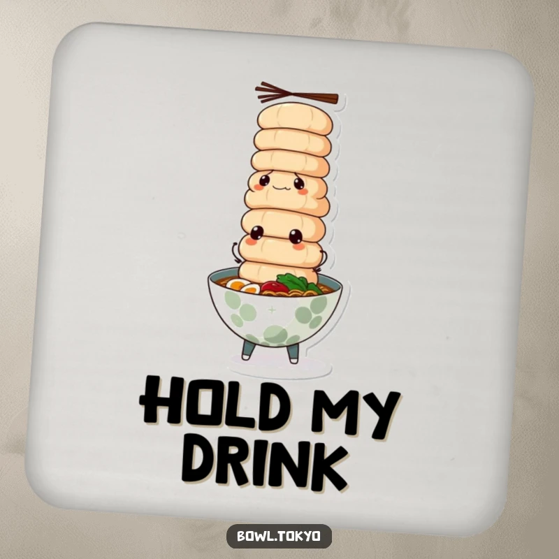 Funny ramen bowl coaster, determined gaze, balancing a tower of fish cakes, protecting surfaces with skill.