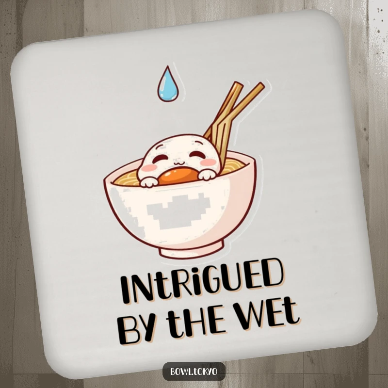 Funny curious ramen drink coaster showing a noodle bowl character peeking at a droplet, for surface protection.