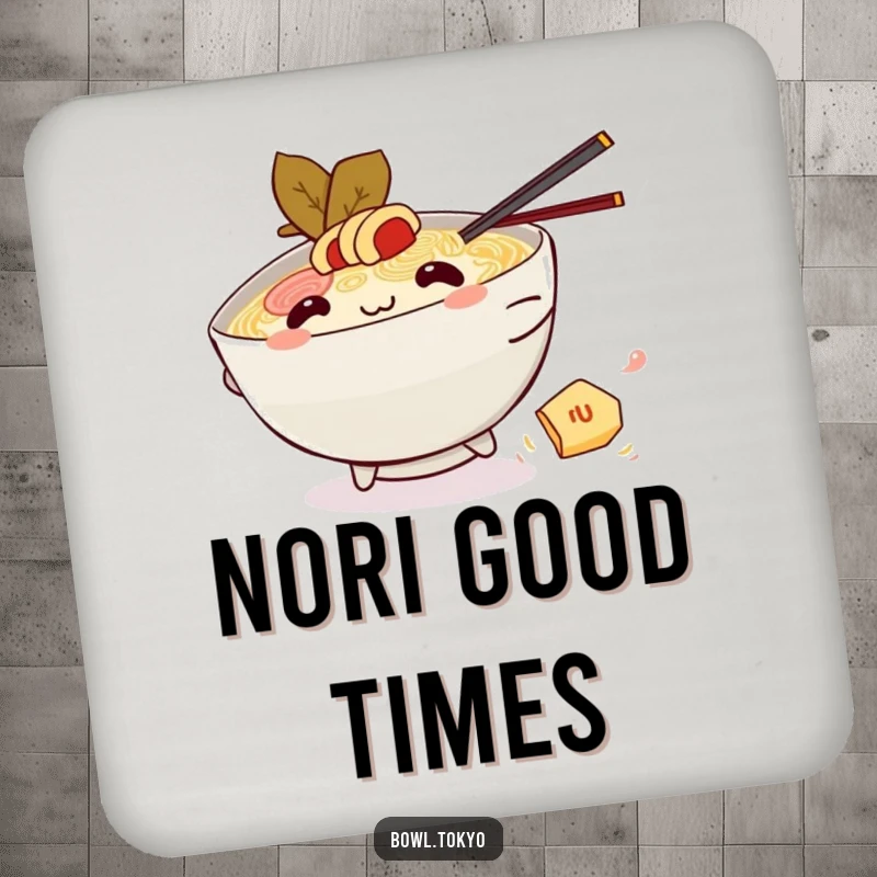 Funny Kawaii ramen bowl drink coaster, character chasing nori, playful design, foodie humor, home accessory.