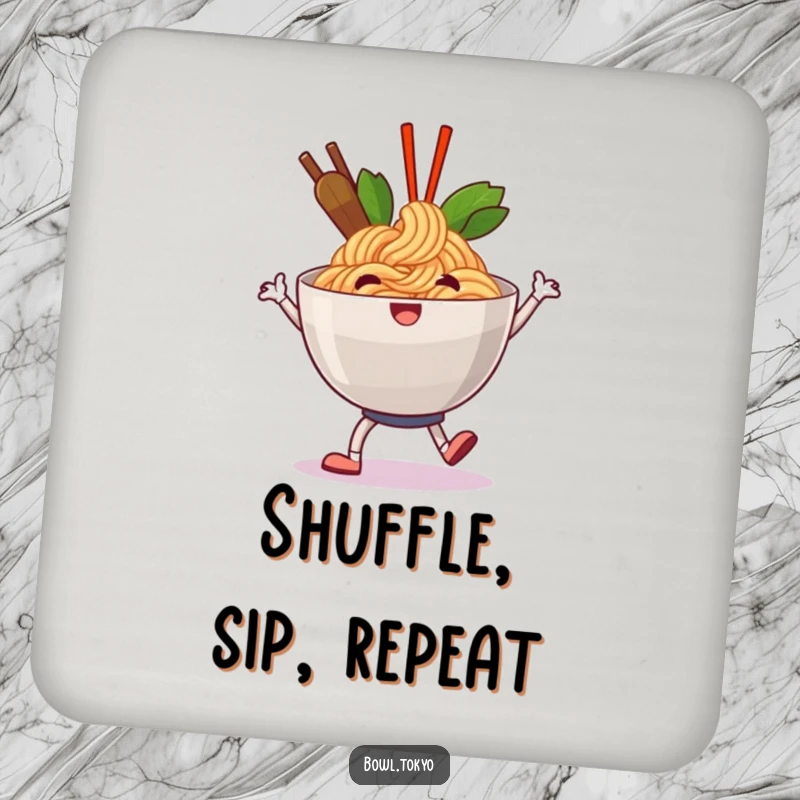 Funny happy ramen drink coaster showing a noodle bowl character doing a jolly shuffle, for surface protection.