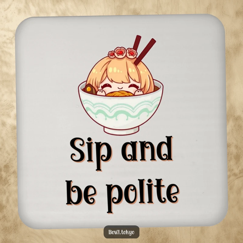 Funny ramen bowl with a decorative hairpiece, bowing politely, a protective and humorous drink coaster for elegant settings.