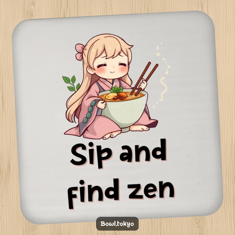 Funny ramen bowl in a flowing kimono, meditating serenely, a protective and humorous drink coaster for peaceful settings.