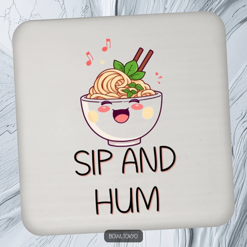 Funny cheerful ramen bowl coaster, featuring a singing noodle character with musical notes, protecting surfaces with charm.