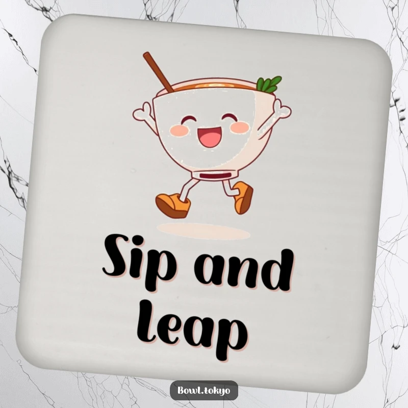 Funny ramen bowl in wooden clogs, joyfully leaping, a protective and humorous drink coaster for tabletops.