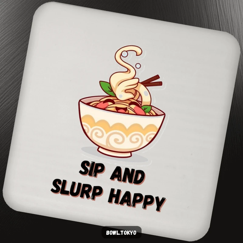 Funny ramen bowl coaster set characters giggling with steam puffing happily, protecting furniture with humorous appeal.