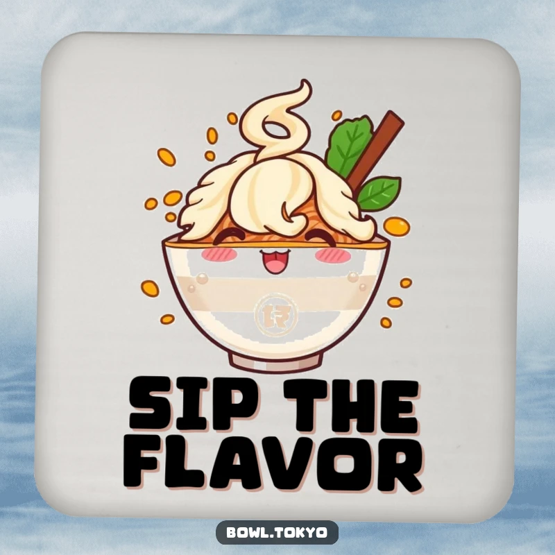 Funny drink coaster with a cheerful ramen bowl character and a bursting flavor cloud, protecting surfaces with humor.