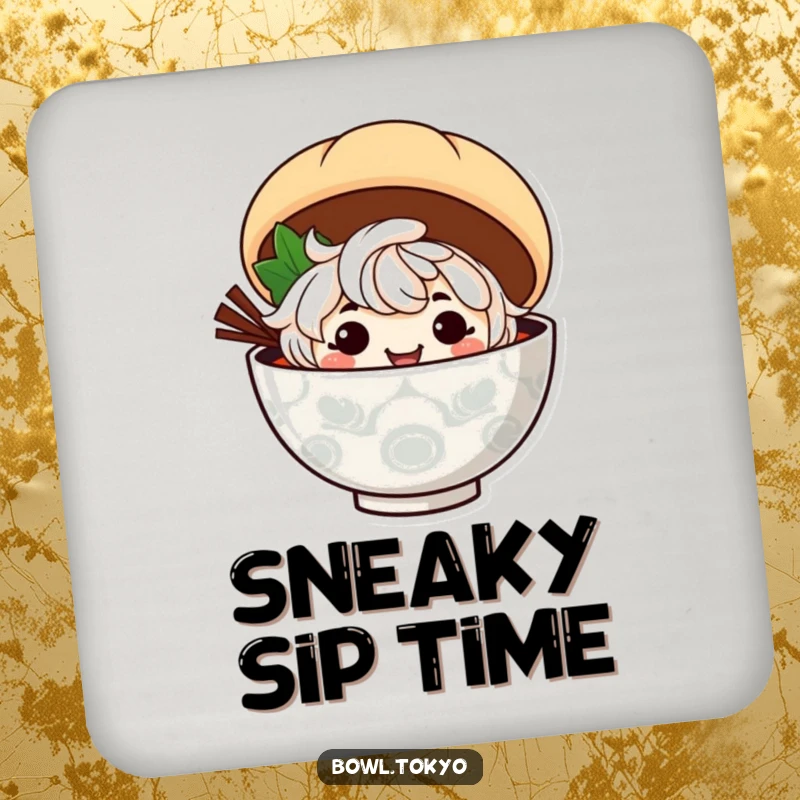 Funny ramen bowl character with a mischievous grin peeks from behind a steamed bun on this protective drink coaster.