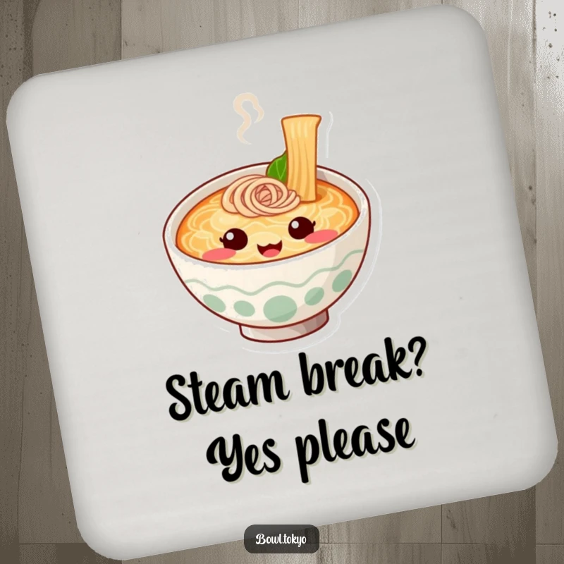 Funny Table Ramen Bowl Coaster featuring a cute noodle character with a happy steam face, protecting furniture with style.