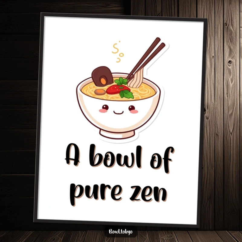 Funny Ramen Bowl Poster print of a happy, smiling character with steam swirling, conveying a sense of peaceful contentment and warmth.