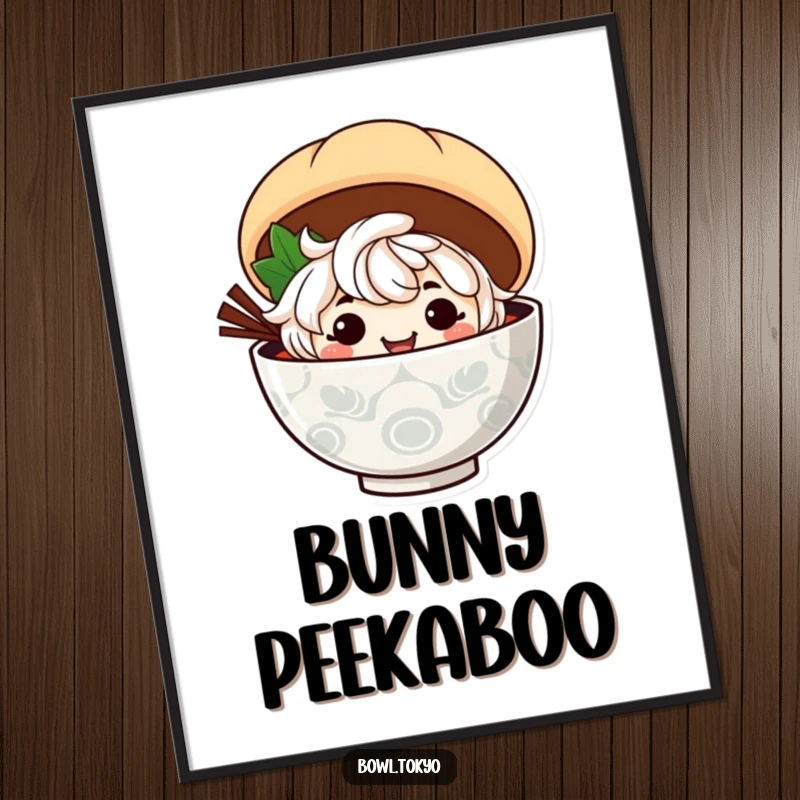 Funny ramen bowl character with a mischievous grin peeks out from behind a large steamed bun on this poster.