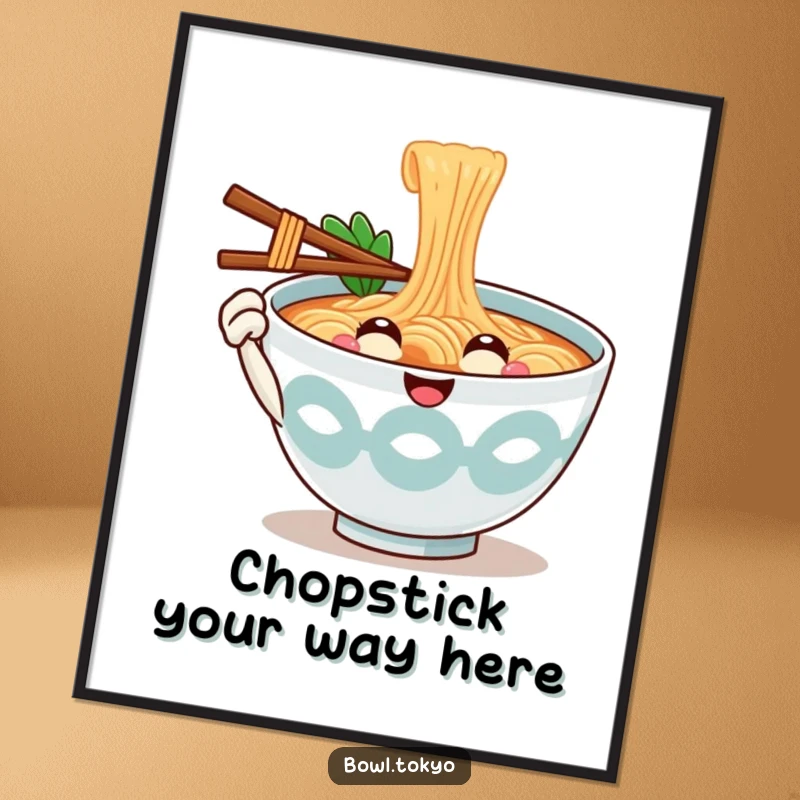 Funny Art Ramen Bowl Poster featuring a smiling noodle character extending a chopstick in a friendly, inviting gesture.