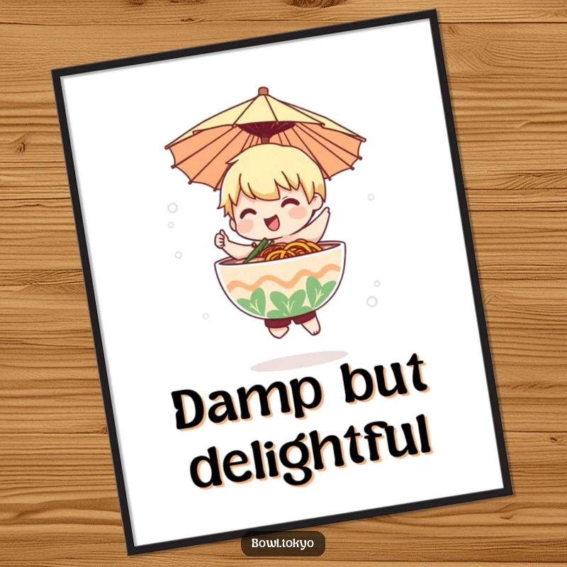 Funny ramen bowl character wearing a paper umbrella dances delicately in a gentle mist on this poster.