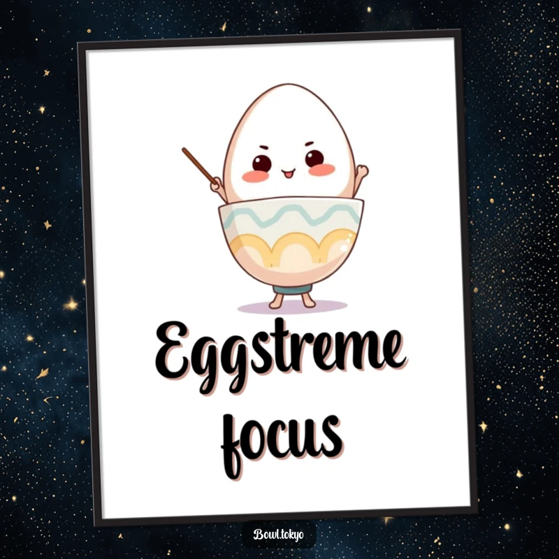 Funny Ramen Bowl Poster, a determined character balancing a giant egg, perfect for inspiring wall decor.