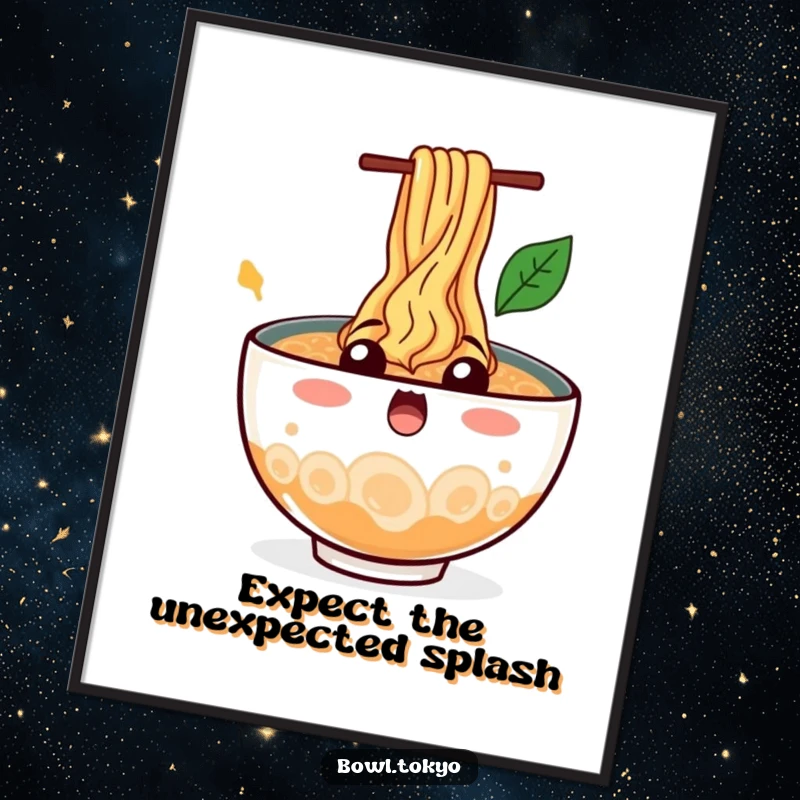 Funny Art Ramen Bowl Poster capturing a surprised character with noodles splashing wildly, a comical and dynamic piece of art.