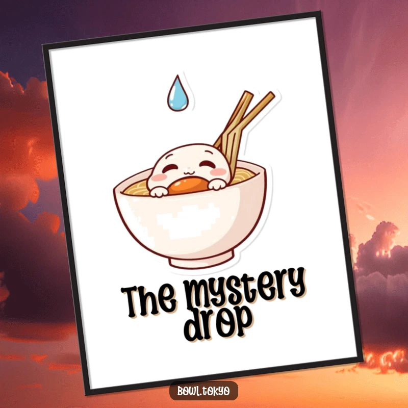 Funny curious ramen poster featuring a noodle bowl character peeking at a floating droplet, perfect for inquisitive decor.