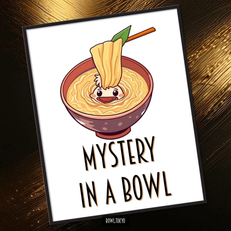 Funny curious ramen bowl poster character peering into a swirling vortex of flavorful soup, intriguing and humorous wall decor.