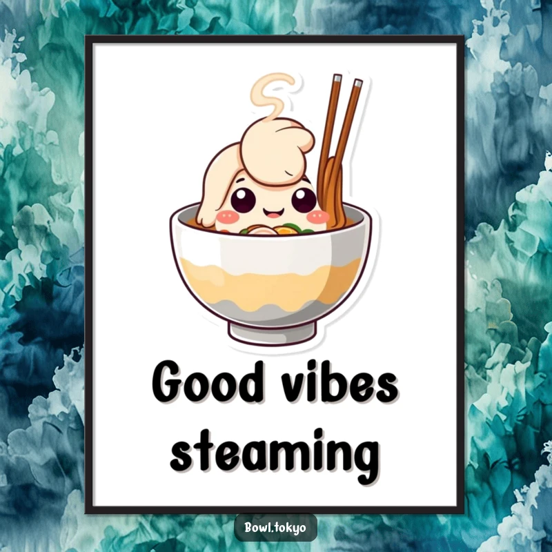 Funny Ramen Bowl Poster, a cute character with steam shaped like a happy face, perfect for wall decor.