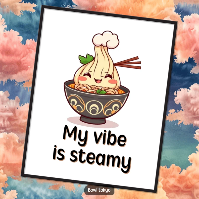 Funny Kawaii ramen bowl poster featuring a cheerful grinning character offering a steam cloud, bringing humor to wall art.