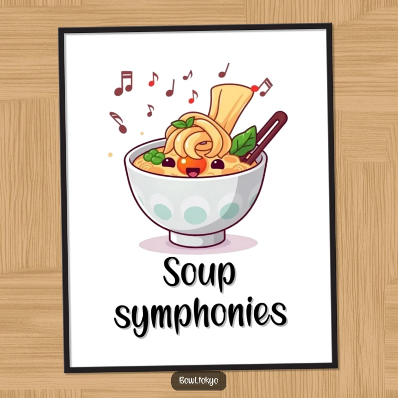 Funny musical ramen poster featuring a noodle bowl character with musical notes, perfect for music-themed decor.