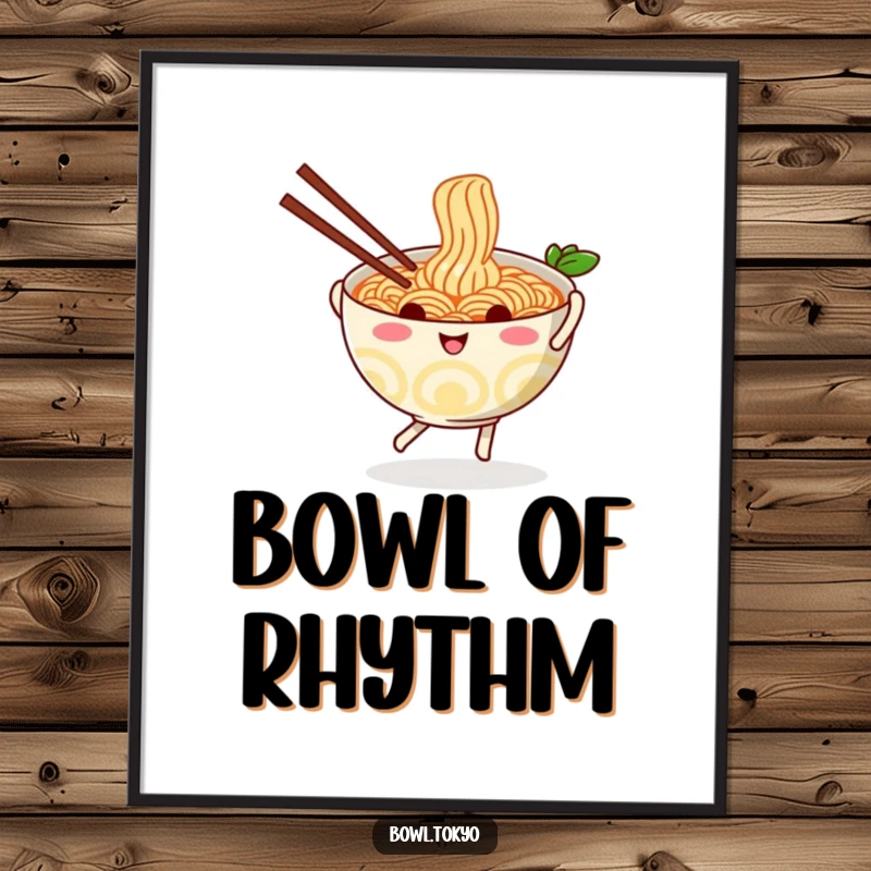 Funny playful ramen bowl poster, showing a character dancing with chopsticks, vibrant and cheerful noodle artwork.
